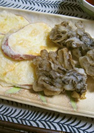 A picture of Egg-Free Tempura Batter with Vinegar Recipe 1: Sweet Potato and Maitake Mushrooms.