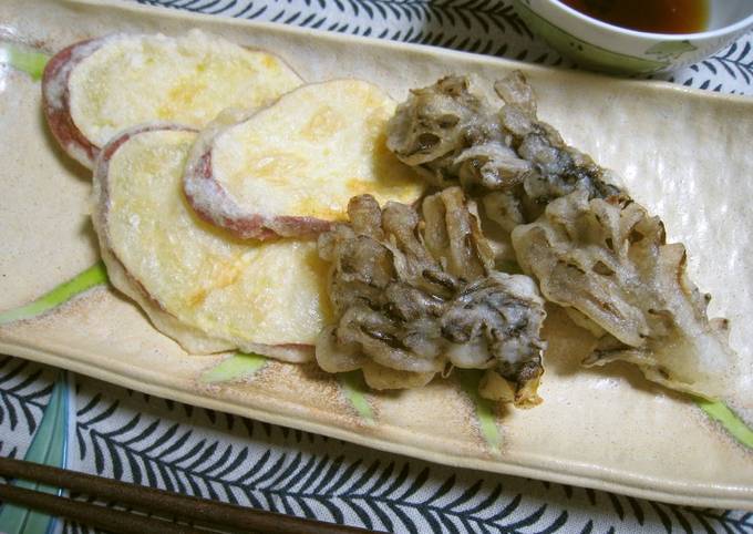 Simple Way to Make Any-night-of-the-week Egg-Free Tempura Batter with Vinegar Recipe 1: Sweet Potato and Maitake Mushrooms