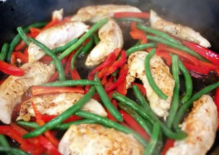 Simple Way to Prepare Super Quick Homemade Skillet chicken with green beans &amp; red peppers