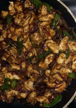 A picture of chinese chicken with rice.