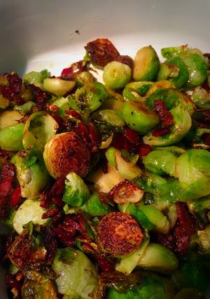 A picture of Sautéed Brussels Sprouts With Bacon And Garlic.