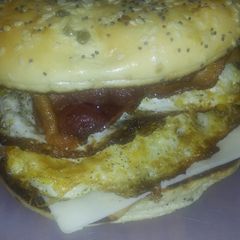 A picture of Everything bagel sandwich.