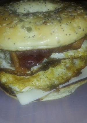 A picture of Everything bagel sandwich.