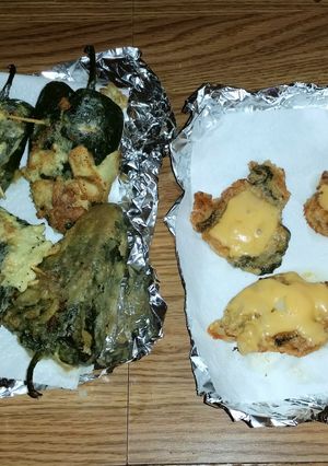 A picture of Stuffed poblano peppers with side meat cheddar patties.
