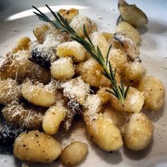 Potato gnocchi with exotic mushrooms, rosemary and tarragon A picture of Potato gnocchi with exotic mushrooms, rosemary and tarragon.