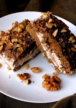 A picture of BottleGourd Brownie Walnut Ice cream Sandwiches.