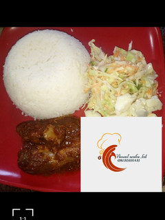 A picture of White rice with stew and salad.