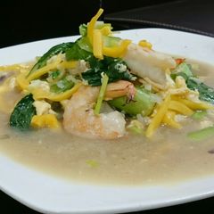 A picture of Shrimp And Choy Sum With Jackfruit In Egg Broth.