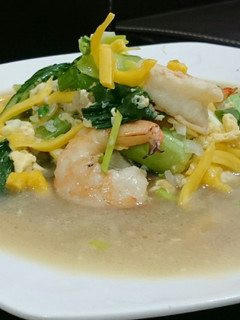 A picture of Shrimp And Choy Sum With Jackfruit In Egg Broth.