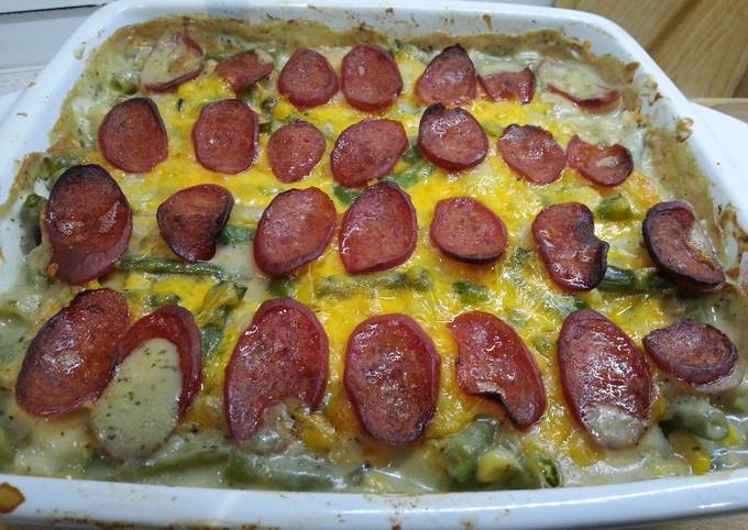 Simple Way to Make Homemade Green bean and potato casserole with pepperoni and cheese
