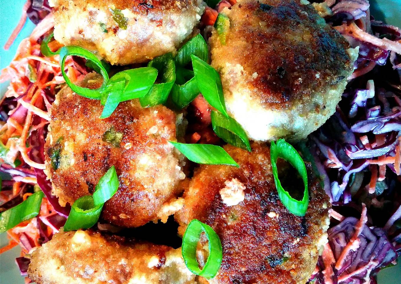 Thai-inspired pork meatballs with sesame-soy shredded vegetables