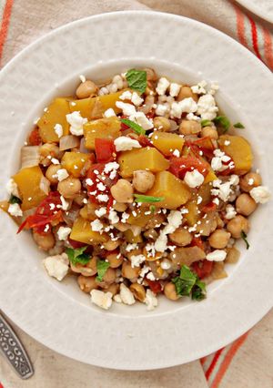 A picture of Acorn Squash and Chickpea Stew over Couscous with Feta and Mint.