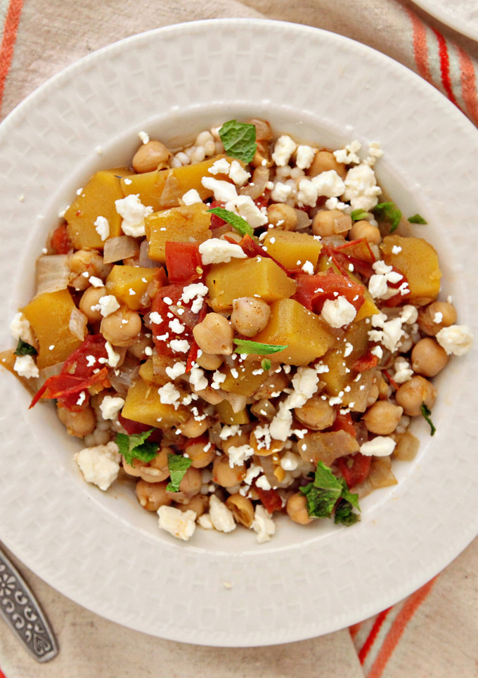 A picture of Acorn Squash and Chickpea Stew over Couscous with Feta and Mint.