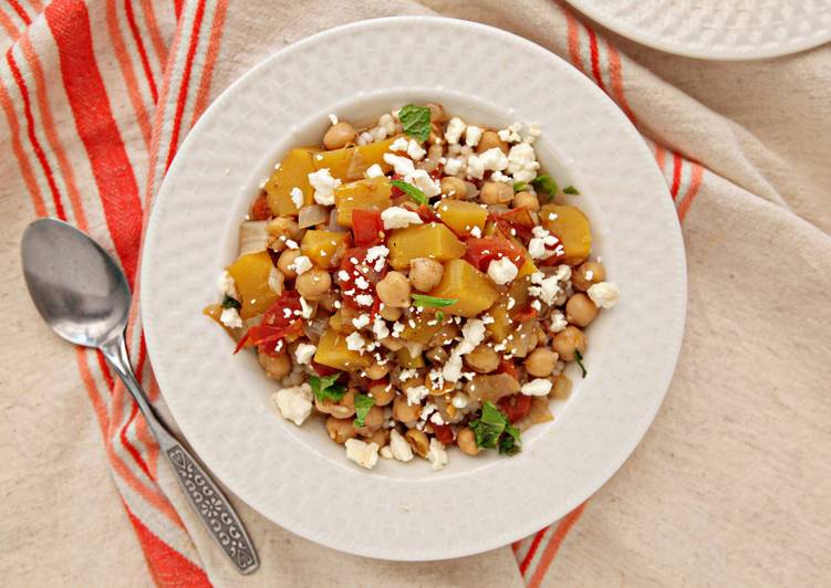 Steps to Make Yummy Acorn Squash and Chickpea Stew over Couscous with Feta and Mint