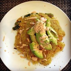 A picture of Authentic Mofongo with avocado and mayo ketchup.