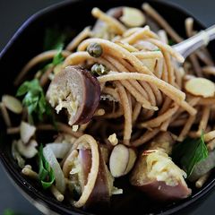 A picture of Whole Wheat Spaghetti, Spaghetti Squash, Japanese Eggplant, Capers and Toasted Almonds.