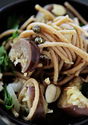 A picture of Whole Wheat Spaghetti, Spaghetti Squash, Japanese Eggplant, Capers and Toasted Almonds.