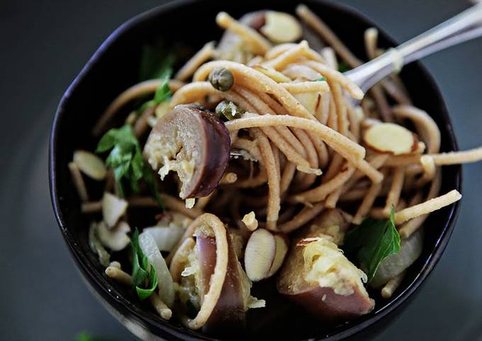 Easiest Way to Prepare Appetizing Whole Wheat Spaghetti, Spaghetti
Squash, Japanese Eggplant, Capers and Toasted Almonds