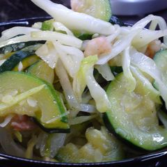 A picture of Sauteed Zucchini-Cabbage with Shrimps.