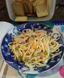 Mollejas a la crema de vegetales con  fettuccini