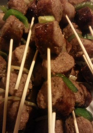 A picture of Italian sausage kabobs.