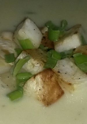 A picture of Sig's Celeriac Soup with Leeks and Stilton Cheese.