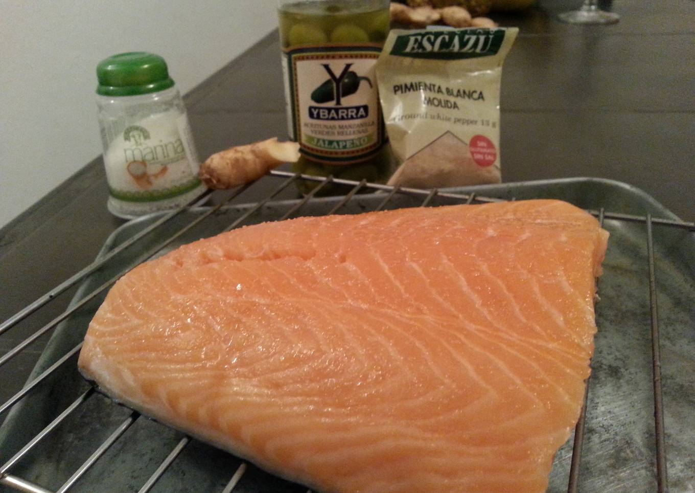 JalapeÃ±o olive baked salmon