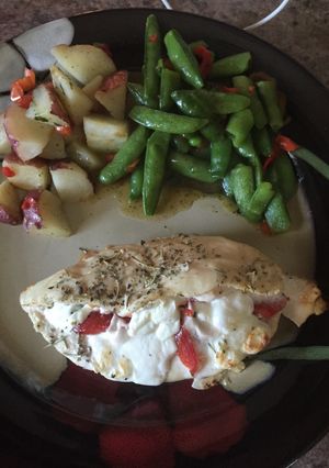 A picture of Roasted Red Pepper Mozzarella And Spinach Stuffed Chicken.