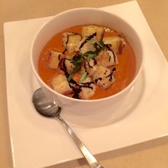 A picture of Sundried Tomato Bisque & Grilled Cheese Croutons.