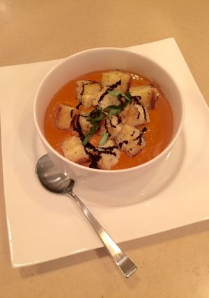 A picture of Sundried Tomato Bisque & Grilled Cheese Croutons.