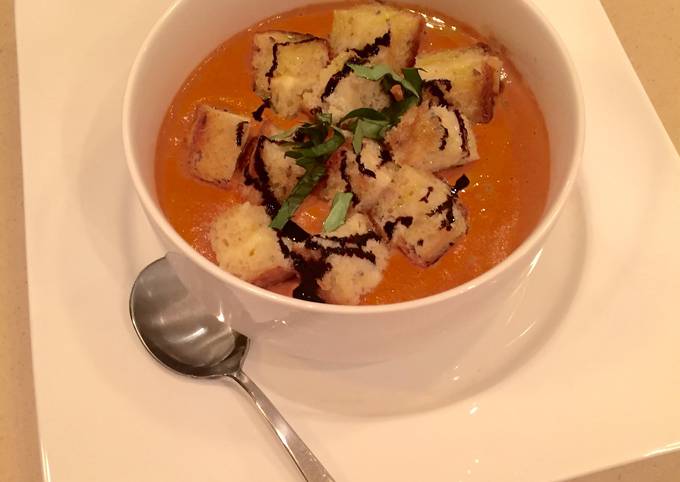 Recipe of Super Quick Homemade Sundried Tomato Bisque &amp; Grilled Cheese Croutons