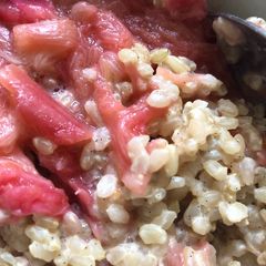A picture of Rice pudding with rhubarb and ginger - vegan.