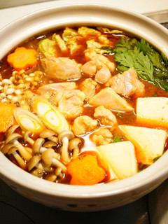 A picture of Miso Flavored Hot Pot with Chicken Thigh and Vegetables.