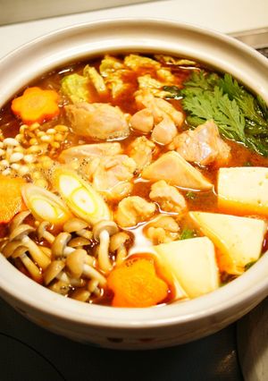 A picture of Miso Flavored Hot Pot with Chicken Thigh and Vegetables.
