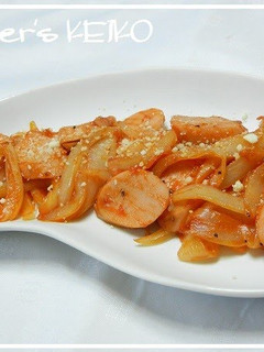 A picture of Stir Fried Onion and Fish Sausage With Ketchup.