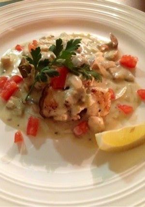 A picture of Sole Meunière - Mushroom Soy Cream Sauce.