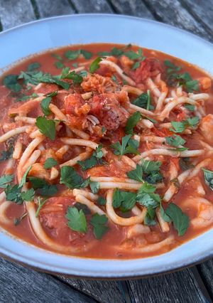 A picture of Astakomakaronada –Greek lobster spaghetti.