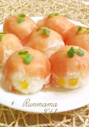 A picture of Sushi Balls with Cured Ham & Corn.