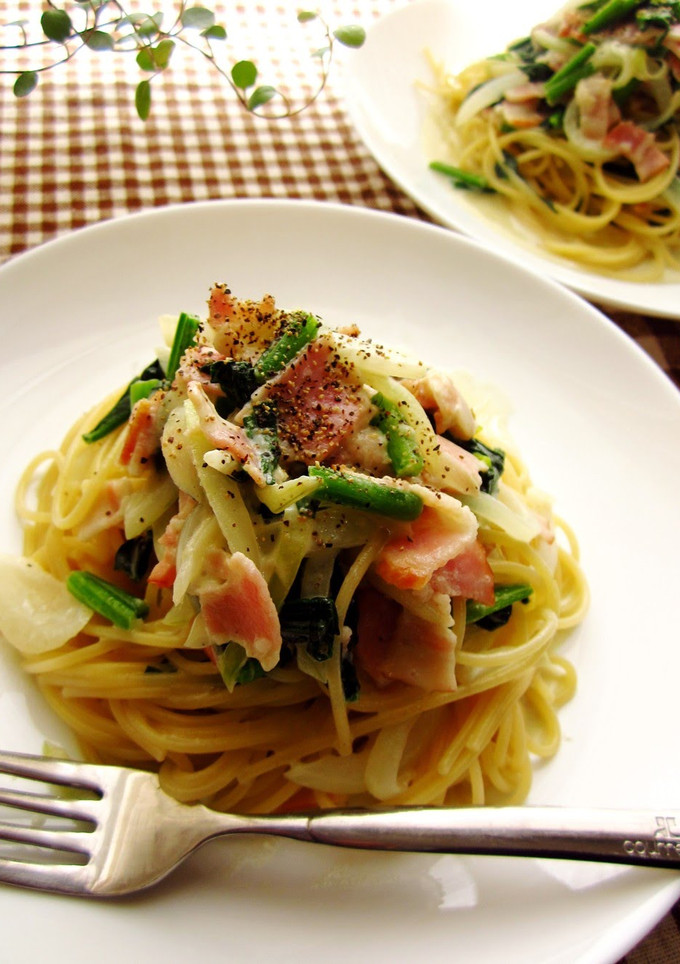 A picture of Spinach and Bacon Cream Pasta.