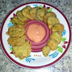 A picture of Gluten Free Fried Pickles w/ Sriracha Dip.