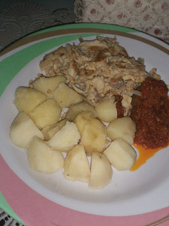 A picture of Boil potatoes with my leftover stew and fried egg.