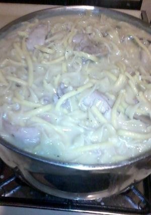 A picture of chicken and egg noodles.