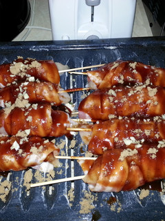 A picture of Bacon Rassberry lemon bbq chicken kabobs.