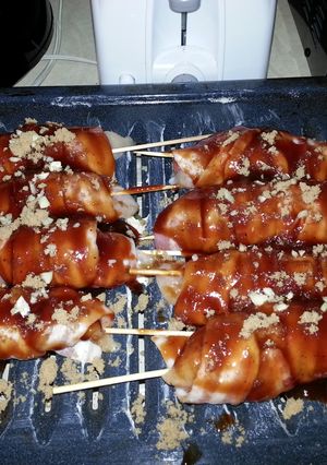 A picture of Bacon Rassberry lemon bbq chicken kabobs.