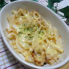 A picture of Baked Chikuwa Fish Sticks and Onion with Mayonnaise.