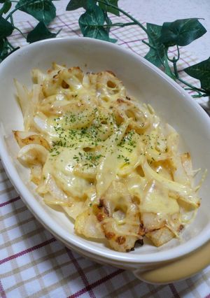 A picture of Baked Chikuwa Fish Sticks and Onion with Mayonnaise.