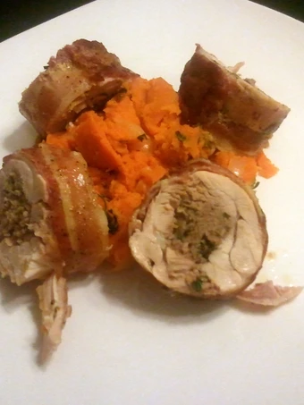 Easy Steps to Prepare Bacon wrapped sausage stuffed chicken with sweet potatoes the Perfect Appealing