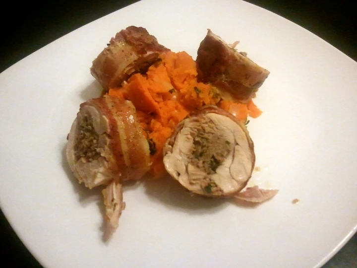Easy Steps to Prepare Bacon wrapped sausage stuffed chicken with sweet potatoes the Perfect Appealing