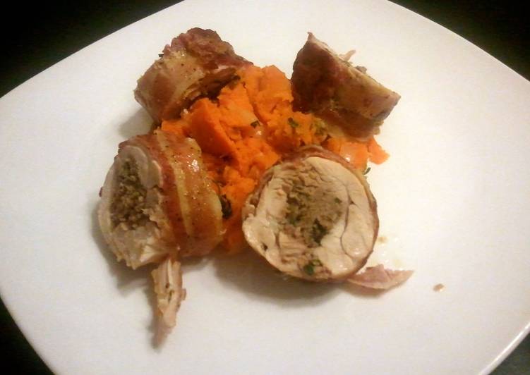 Steps to Prepare Quick Bacon wrapped sausage stuffed chicken with sweet potatoes