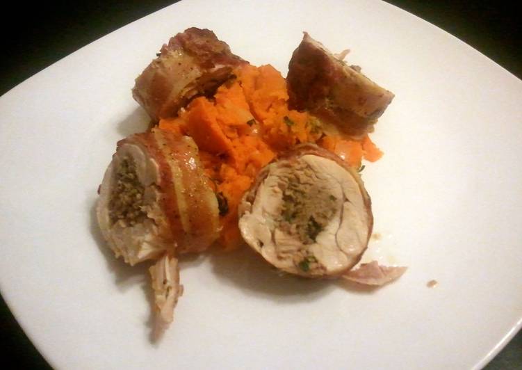 Recipe of Speedy Bacon wrapped sausage stuffed chicken with sweet potatoes